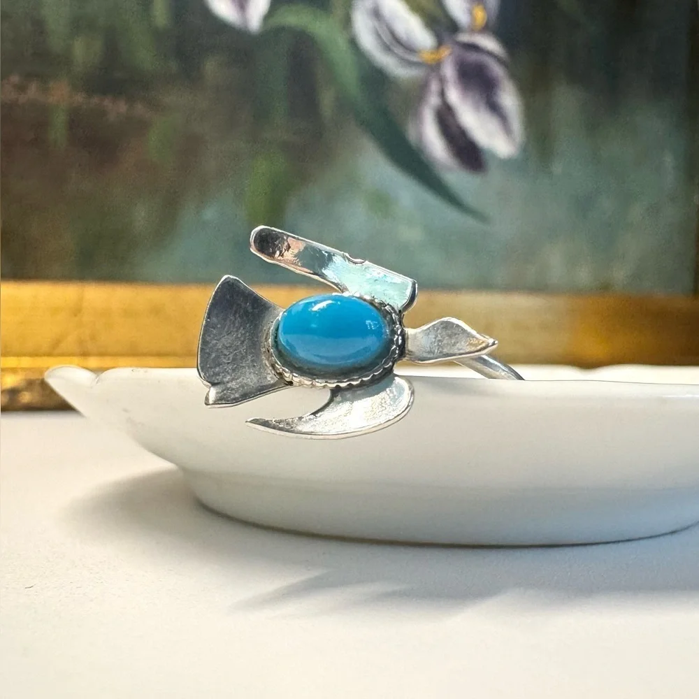 Vintage Sterling Silver Native American Turquoise Bird Ring (5-6)